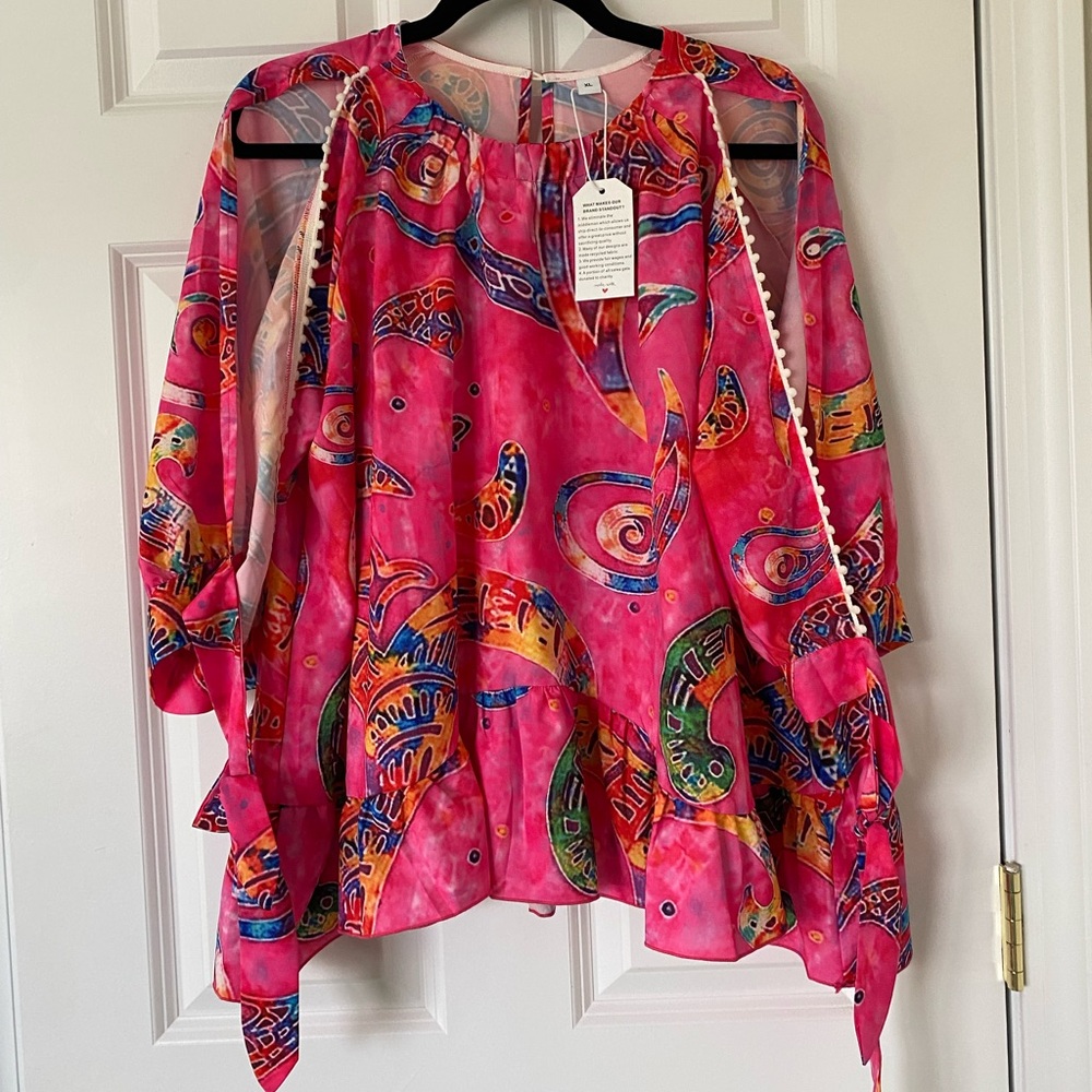 Cold shoulder long split sleeve blouse, new multi colored XL